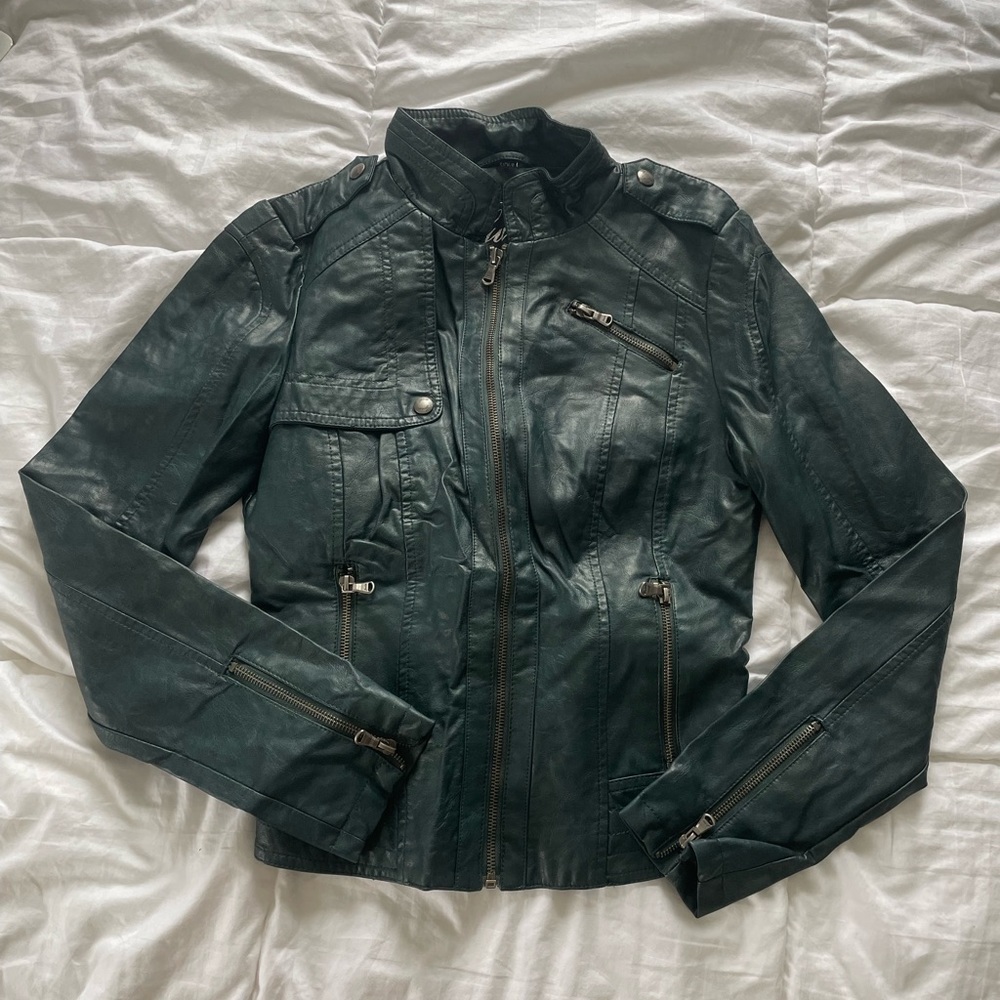 Guess faux leather jacket dark green color size S
